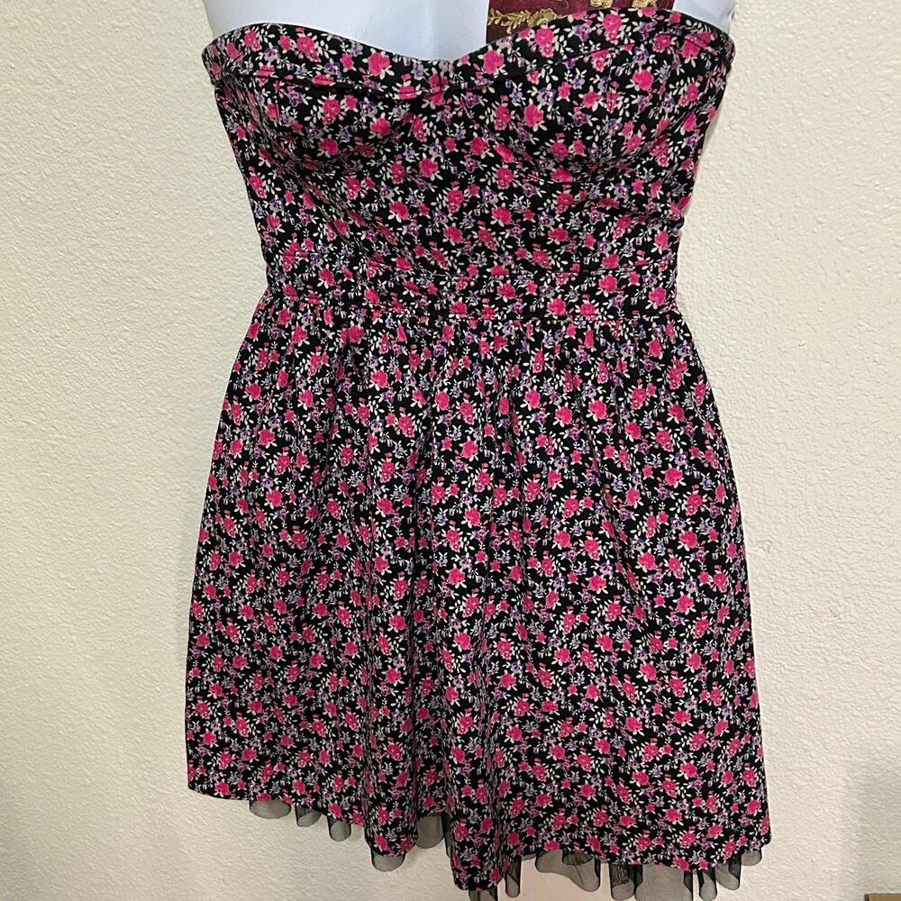 Black Poppy Glam Rockabilly Tulle Black Pink Floral Strapless Mini Dress Sz XS